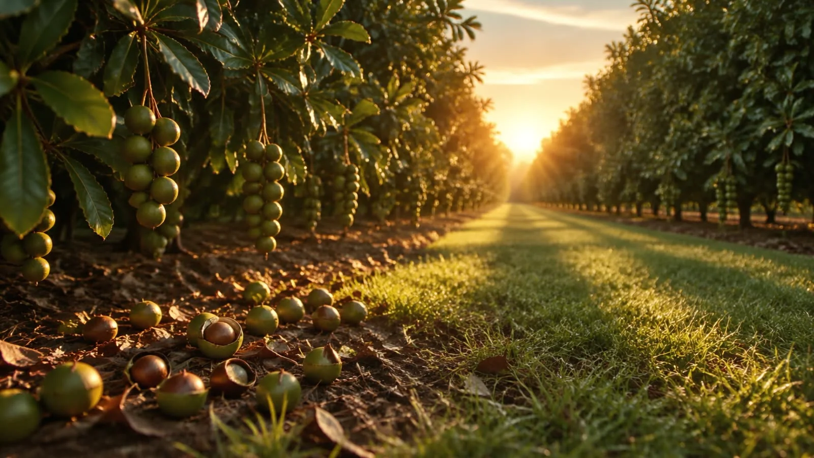 Fallen macadamias on the orchard floor at sunrise