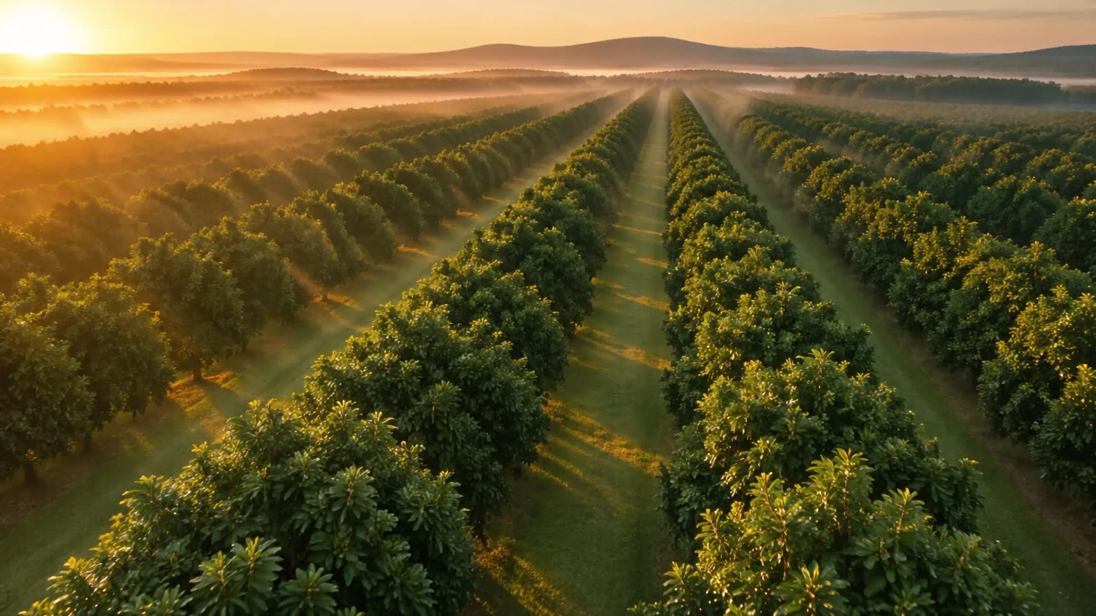 Rows of macadamia trees at sunrise, seen from above